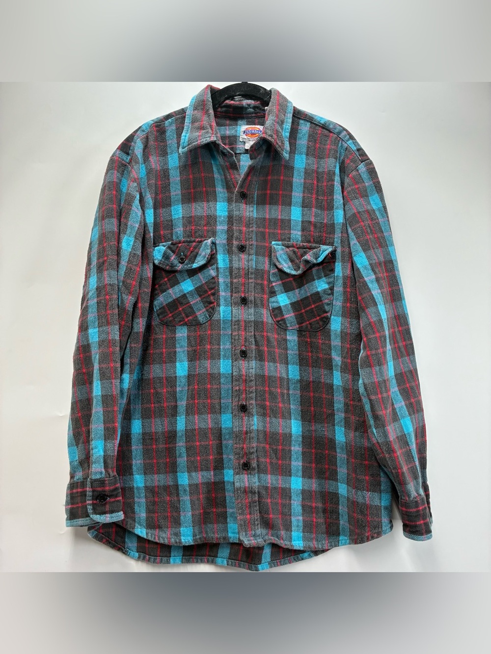 Vintage 70s Dickies Mens Large Faded Flannel Collared Button Shirt Blue Plaid